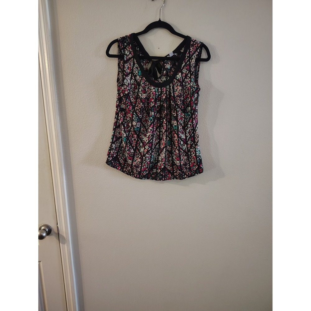 Candies Womens Floral Mosaic Sleeveless Blouse Black Pink Teal Bow Back Medium